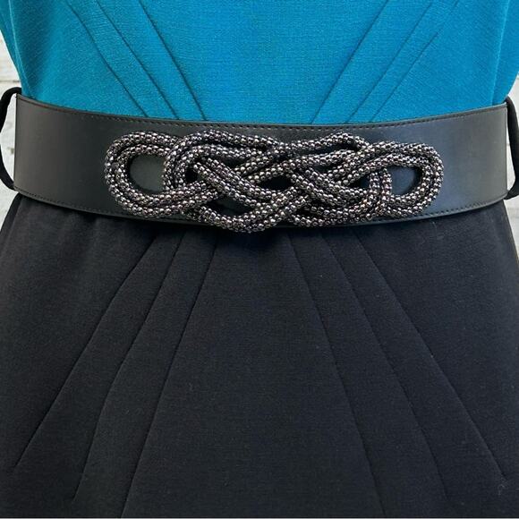 Tahari Arthur S Levine Short Sleeve Belted Dress Size 4 Teal Black Two Tone - Picture 4 of 14